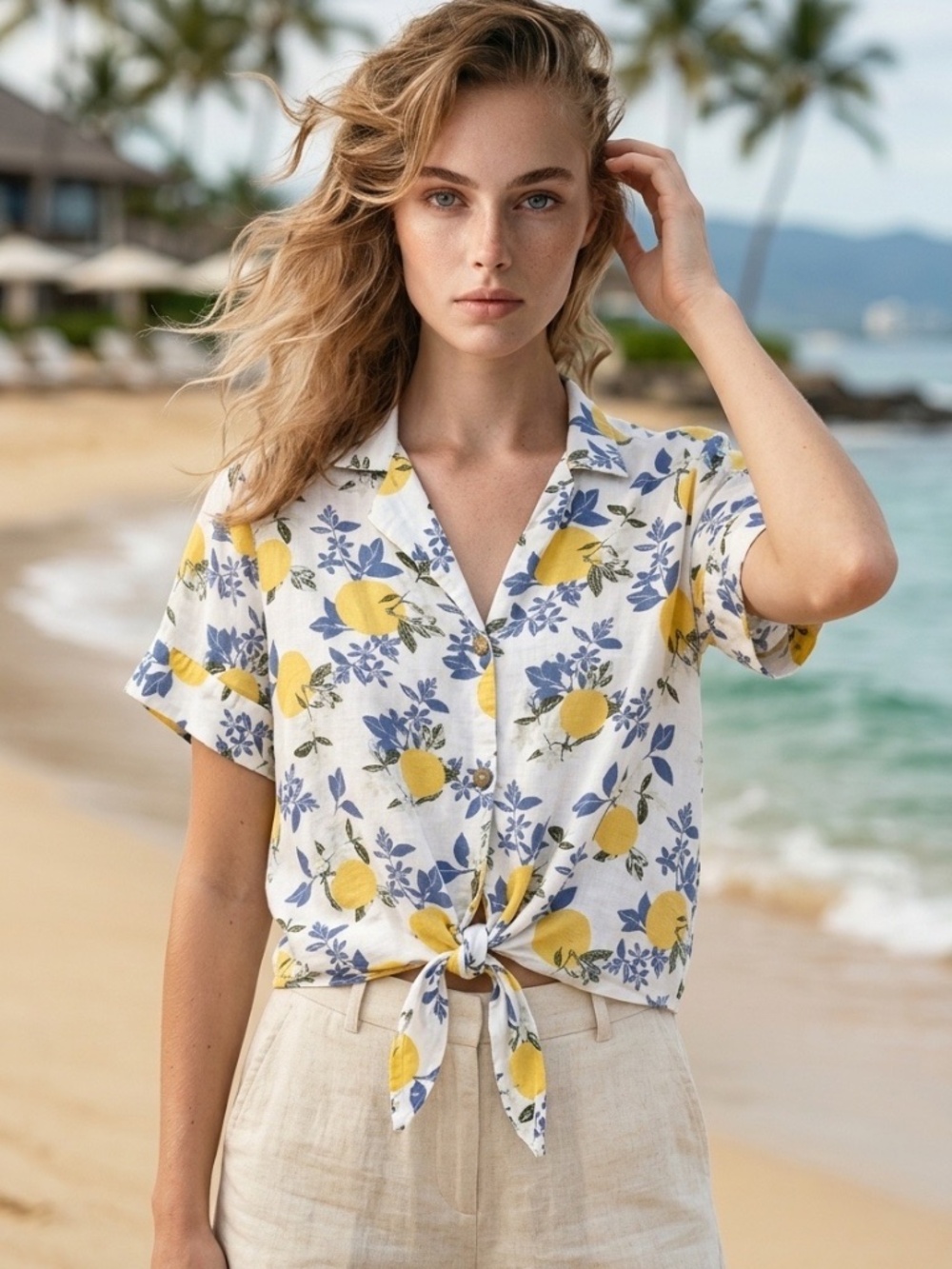 Dip Lemon Floral Printed Button Tie Front Shirt Women Large Beachy Boho Coastal - Picture 7 of 13